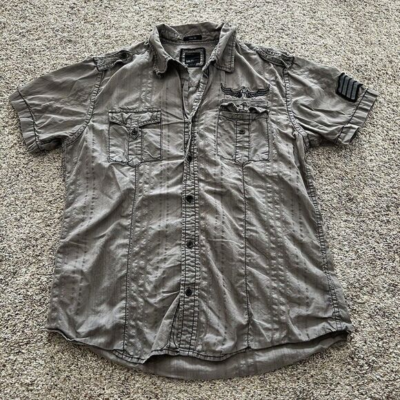 BKE Slim Fit Gray Button Up Short Sleeve Shirt Men Size Large Stripes Patches - Picture 1 of 6